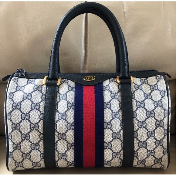 Authentic Vintage Gucci Boston Web Sherry Line Monogram Canvas Leather Bag
